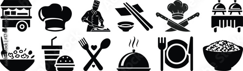 Food icons set, plate, fork, knife and spoon, set logotype menu, cutlery icon, tableware sign, catering icons, restaurant signs. smoothie, salad, skewer, jar, wrap, snack bar.Healthy food  icons