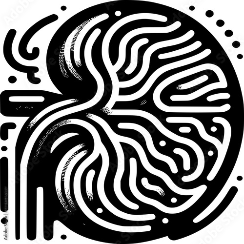 Abstract Kidney Illustration: A stylized black and white illustration presents an intricate representation of the human kidney.