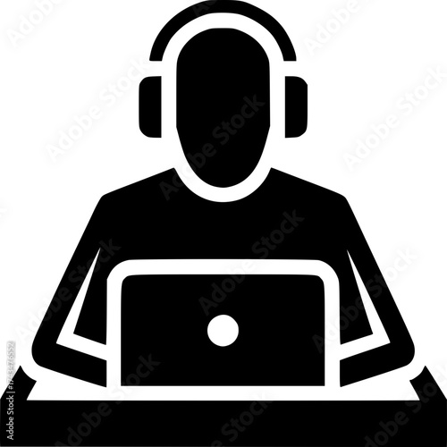 Sound Maestro: A silhouette of a DJ, immersed in his craft, working on a laptop with headphones, creating and mixing music.