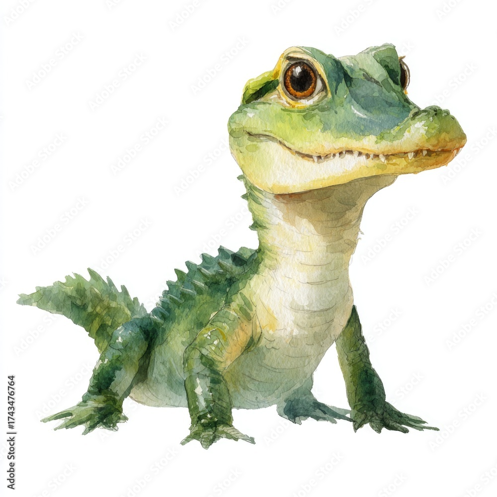 Obraz premium Watercolor illustration of a whimsical cartoon lizard character with big eyes and vibrant green skin