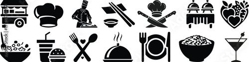 Food icons set, plate, fork, knife and spoon, set logotype menu, cutlery icon, tableware sign, catering icons, restaurant signs. smoothie, salad, skewer, jar, wrap, snack bar.Healthy food  icons