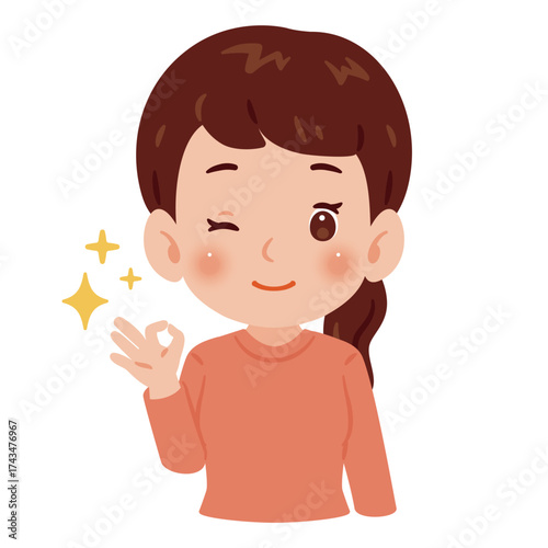 OKサインのポーズをする女性の上半身イラスト／An illustration of a woman's upper body making an OK sign
