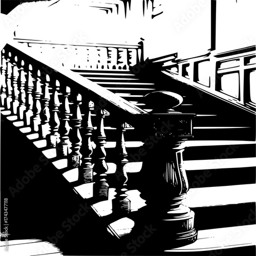 Elegant Staircase Silhouette: An enchanting monochrome perspective highlights the intricate details of a wooden staircase with ornate railings and classic balusters.