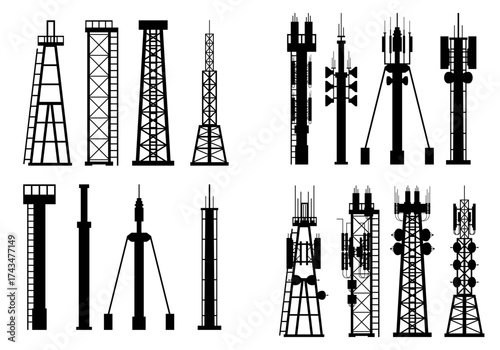 Telecommunication towers and antenna silhouette set. Mobile communication and broadcast mast, signal network concept. Flat style stock vector illustration.