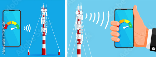 Cell tower emitting wave signal to smartphone with good connection speed indicator. High quality mobile network.