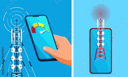 Hand holding smartphone with internet speed test. Mobile network tower on phone screen. Wireless connection and digital signal concept.