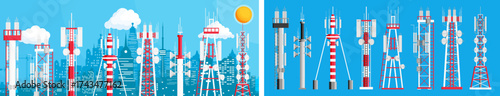 Diverse set of signal reception antenna tower. Radio, television, wireless cellular, 5G and satellite connection concept. Communication network flat illustration.