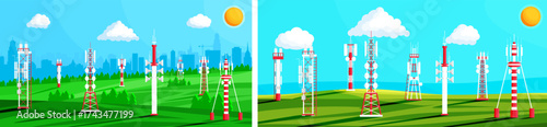Telecommunication tower landscape vector illustration set. Wireless technology and mobile cell connect concept. Network broadcast.