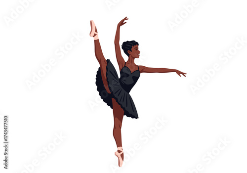 Elegant ballerina in a black tutu gracefully performing a ballet pose on a white background
