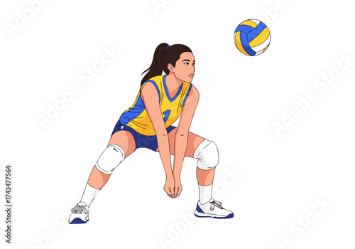 Illustration of a female volleyball player in athletic attire, poised to receive a serve with a focused expression and ready stance, mid-action on a white background