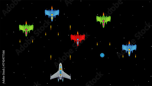 Retro pixel art vector scene of a space battle with spaceships on starry background. Perfect for arcade game design, sci-fi projects, or digital art.