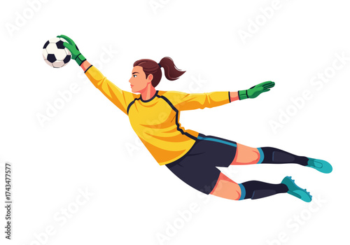 Illustration of a determined female soccer goalkeeper in mid-air, reaching to save a goal with a dynamic and energetic pose on a white background