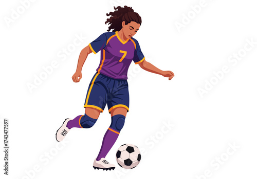 A young female athlete skillfully dribbles a soccer ball during a competitive match, showcasing her athletic prowess and dedication to the sport on a vibrant field