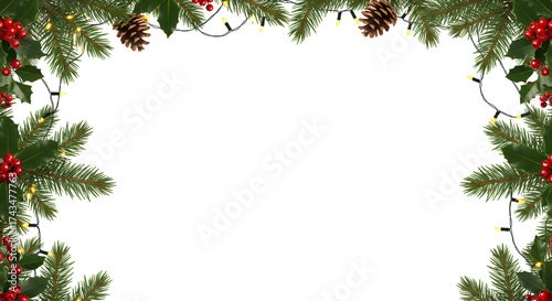 Festive holiday corner border with pine branches, holly berries, and twinkling lights for warm winter greetings