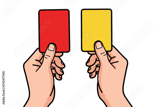 Two hands holding up a red and yellow card, representing disciplinary actions in sports like soccer and fair play concepts