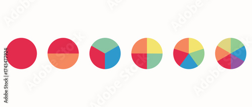 Circle division infographic icon set. Pie chart divided 4,5,6 equal parts. Color pizza or donut round diagram. Infographic wheel segment and fraction. Vector illustration isolated on white background.