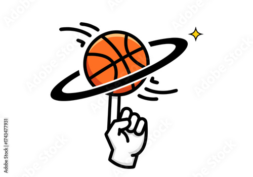 Illustration of a hand spinning a basketball on a finger with motion lines and a halo effect, symbolizing skill and balance