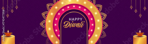 Vibrant, luxurious Happy Diwali vector banner: Brightly lit gold & pink arch and Mandala on rich purple with diyas on golden pedestals. Perfect for digital banners and holiday promotions.