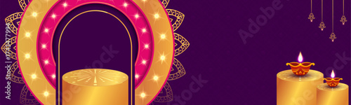 Striking Happy Diwali vector banner Golden podium and brightly lit pink & gold arch on a rich purple Mandala background with elevated diyas. Ideal for e-commerce and holiday promotion.