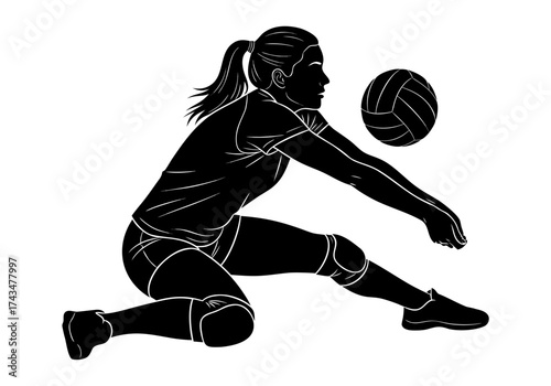 Silhouette of a woman playing volleyball, diving to hit the ball with a forward motion, capturing the dynamic action of the sport