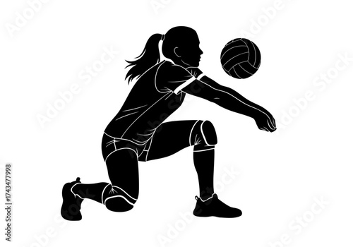Silhouette of a female volleyball player in action, practicing a dig with a ball during a sports game or training session