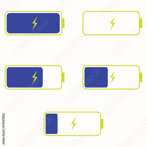 blue battery charging indicator, full charged battery icon flat design drawing style representing battery power status, used in digital devices to display remaining battery life, charging status