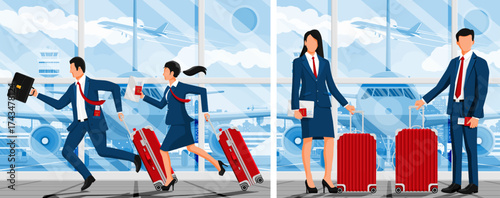 Man and woman in business suit running and standing with luggage at airport. Flat style travel and business trip concept.