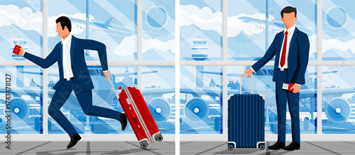 Business man running airport with luggage. Businessman holding tickets and passport, standing with suitcase. Air travel concept.