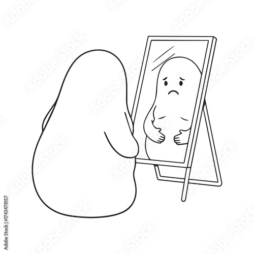 Sad character looking in a mirror at their belly, a concept of body image issues, weight insecurity, and low self-esteem, minimalist line art.
