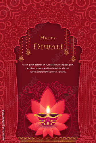 Majestic, elaborate Happy Diwali vector greeting Brightly glowing Lotus Diya lamp framed by a traditional Indian archway with detailed scrollwork and rich maroon tones. Excellent for Festival of Light