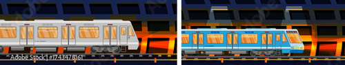 Two subway trains in an underground tunnel illuminating orange light. Urban public transport. Modern metro system and daily commute illustration.