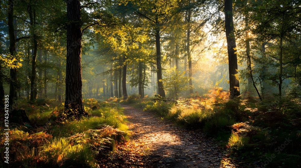 Obraz premium Forest path illuminated by sunlight filtering through the trees, creating a dreamy and serene atmosphere, inviting exploration into nature's beauty.