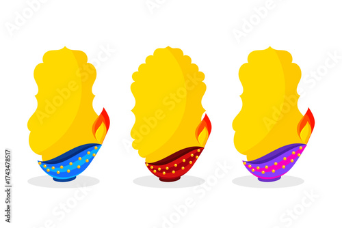 A versatile vector collection of three traditional Diwali diyas (oil lamps) in various vibrant colors (blue, red, purple) with decorative yellow flame areas designed for custom text or graphics.