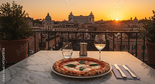 Indulge in authentic Italian pizza with wine at sunset overlooking the stunning Rome skyline from a rooftop terrace, creating a perfect evening ambiance
