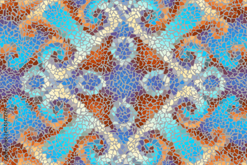 Trencadis wall texture. Bright abstract mosaic seamless pattern. Vector background. Endless texture. Ceramic tile fragments.