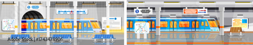 Underground subway platform with train arriving. Public transport service and urban transportation concept. Modern metro design.