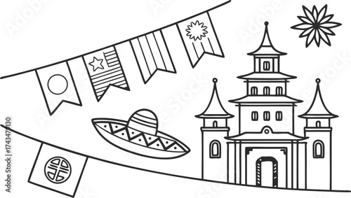 Celebrate Mexican Culture With Festive Banners, Traditional Sombrero, and Elegant Castle Outlines, Perfect for Cinco de Mayo and Cultural Events