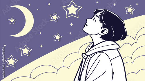 Dreamy illustration of a young person gazing at the night sky with stars and moon, capturing wonder and imagination in a vector art style design