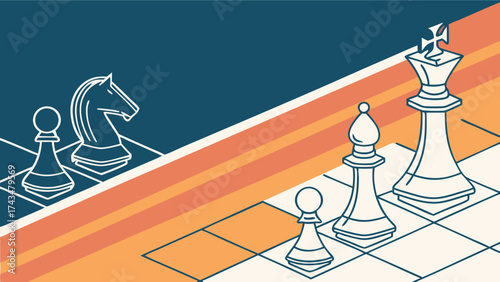 Strategic chess game illustration for business strategy, competition, and intellectual prowess. Showcases planning, leadership, and decision making