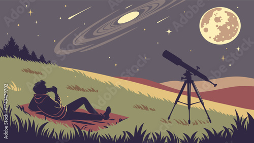 Dreamy stargazing adventure unfolds under the moonlit sky, capturing cosmic wonder and tranquil exploration. A modern, evocative vector scene