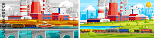 Factory with smoking chimneys in urban landscape, with a long freight train carrying various cargo in flat style. Industrial pollution concept.
