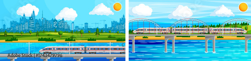 Train bridge over water. Modern city skyline with high speed rail transport. Commuter suburban travel and infrastructure concept.