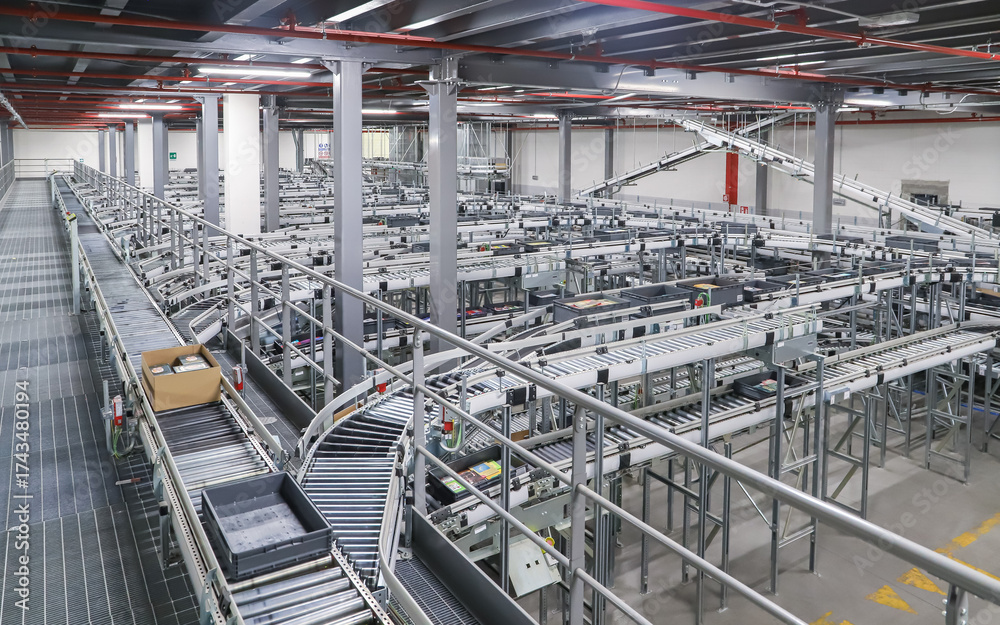 Fototapeta premium packing line in a logistics warehouse. conveyor belt in a modern production line