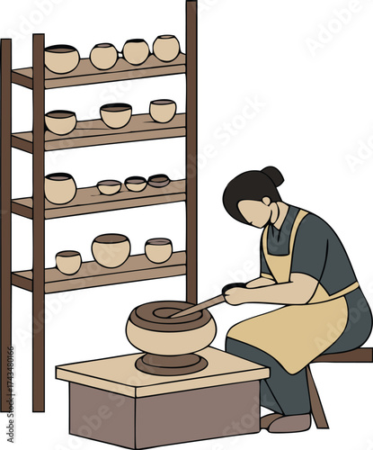 Artisan crafts pottery on wheel, shaping clay in studio, creative process, handmade ceramics, skill in motion, vector art, design element