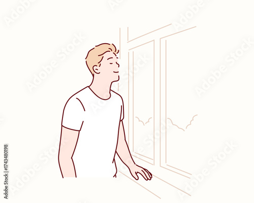 Man morning window open eyes closed relaxing healing fresh air Hand drawn style vector design illustrations