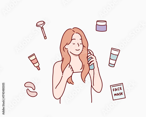 Woman spraying face mist skincare beauty routine Hand drawn style vector design illustrations