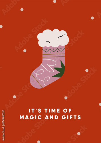 Christmas card design. Festive holiday poster with warm stocking for Xmas gift, polka dot pattern. Seasonal postcard with New Year greeting typography and warm sock. Flat vector illustration