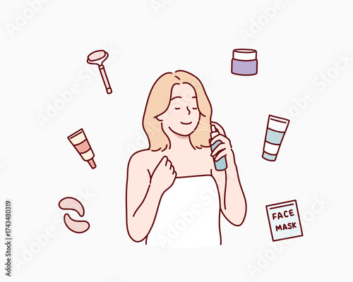 Woman spraying face mist skincare beauty routine Hand drawn style vector design illustrations