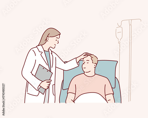 Hospital doctor checking male patient temperature in bed medical care hand drawn style vector design illustrations.