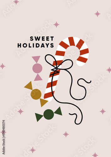 Merry Christmas card design. Festive holiday greeting poster with candy cane, sweets, lollipop in bow, star pattern. Winter seasonal Xmas and New Year background, postcard. Flat vector illustration